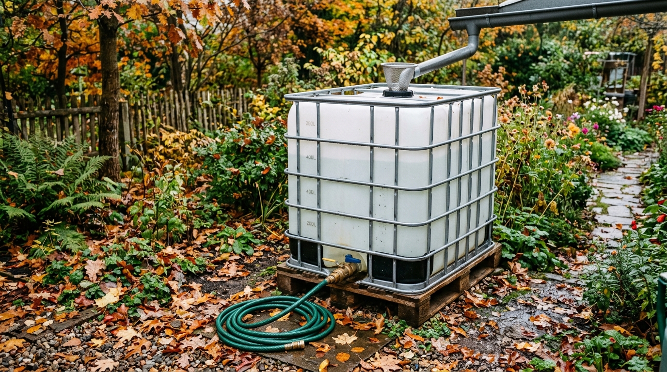 Zbiornik paletowy IBC 1000L w jesiennym ogrodzie przy podłączonym wężu ogrodowym